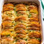 Scalloped potatoes baked with golden cheesy top