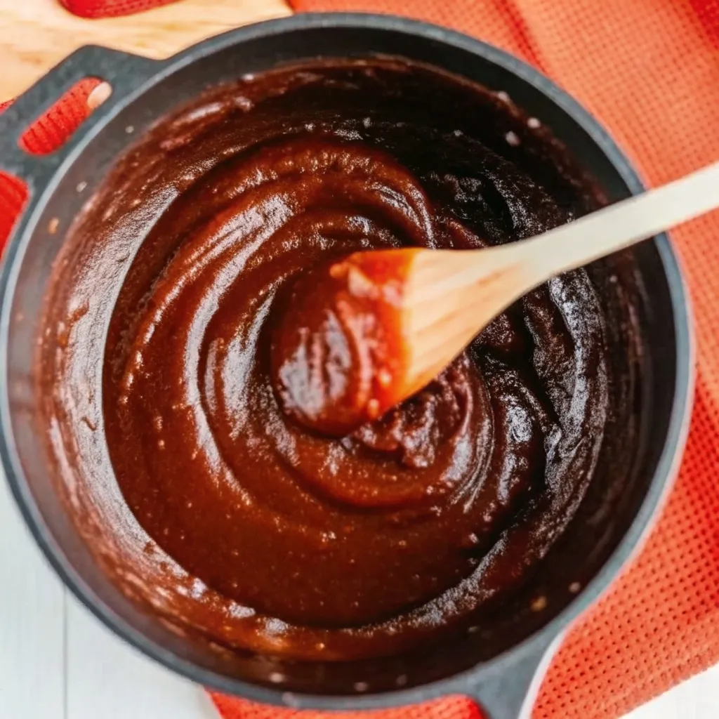 Homemade Hickory Smoked BBQ hickory smoked bbq A wooden spoon stirring rich, dark homemade hickory smoked BBQ sauce as it simmers in a black cast iron pot.