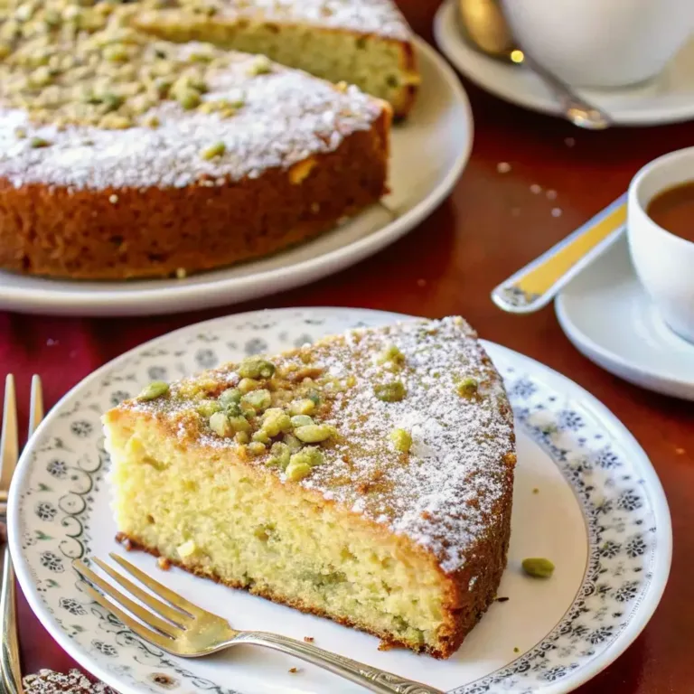 The Ultimate Pistachio Ricotta Cake (Easy & Moist Recipe) Greek Yogurt Pumpkin Muffins A slice of moist pistachio ricotta cake on a decorative plate, topped with powdered sugar and chopped green pistachios. A fork rests beside the slice, with the full cake and a cup of coffee in the background.