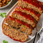 Stove Top Stuffing Meatloaf That’s Juicy, Quick & Packed with Flavor Stove Top Stuffing Meatloaf Sliced Stove Top Stuffing Meatloaf with ketchup glaze on white plate