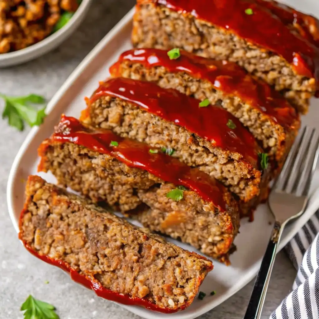 Stove Top Stuffing Meatloaf That’s Juicy, Quick & Packed with Flavor Stove Top Stuffing Meatloaf Sliced Stove Top Stuffing Meatloaf with ketchup glaze on white plate
