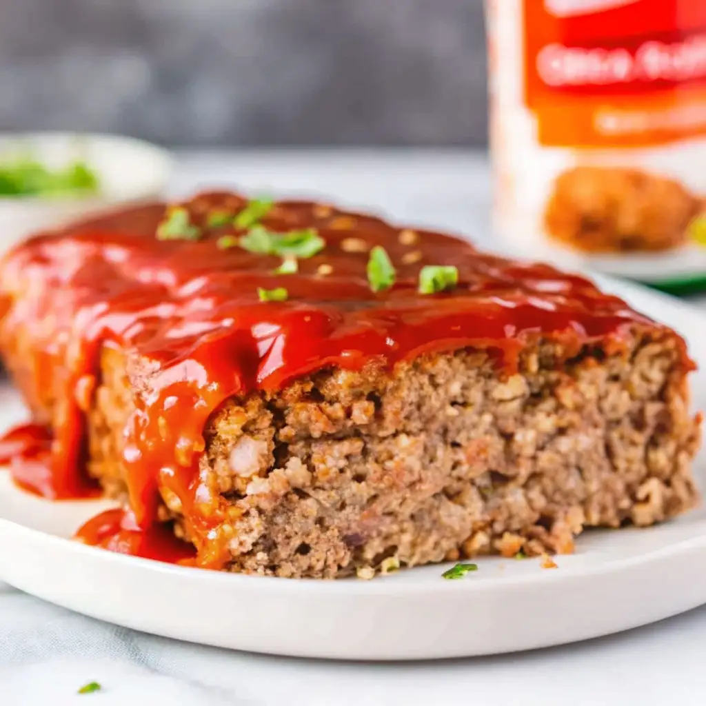 Juicy Stove Top Stuffing Meatloaf with ketchup glaze on plate