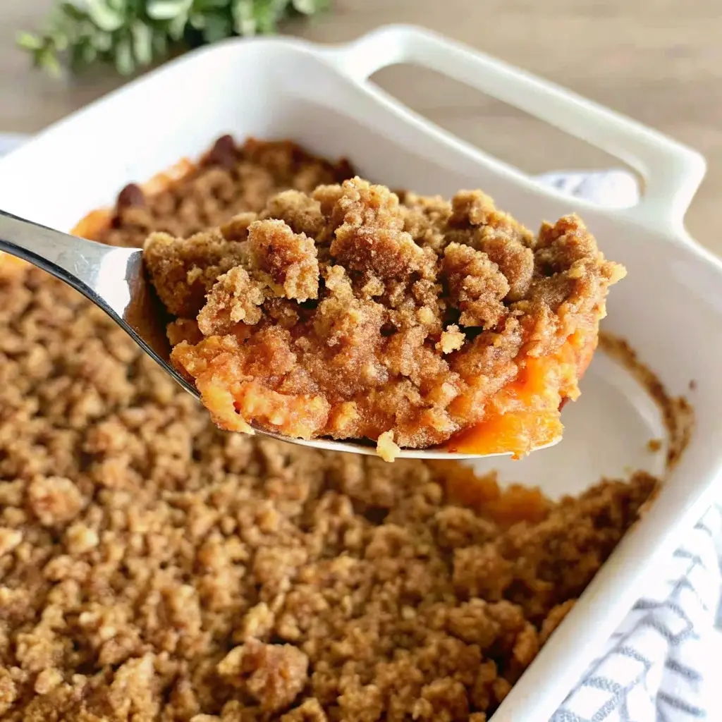Sweet Potato Casserole with Pecans Sweet Potato Casserole with Pecans Serving spoon holding sweet potato casserole with pecan crumble topping