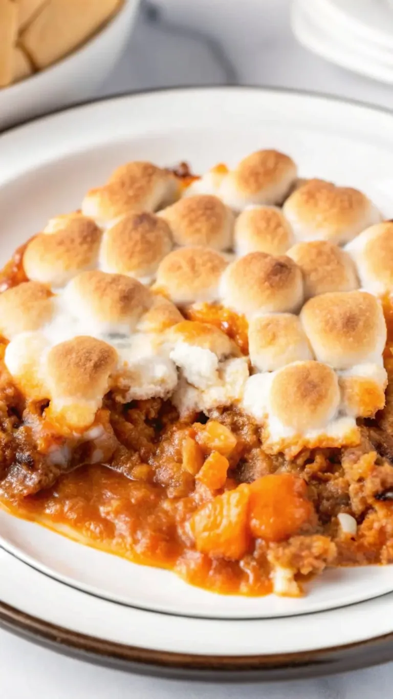 Sweet Potato Casserole with Marshmallows: Cozy, Classic, and Irresistible Amish White Bread Sweet potato casserole with toasted marshmallows served on a plate