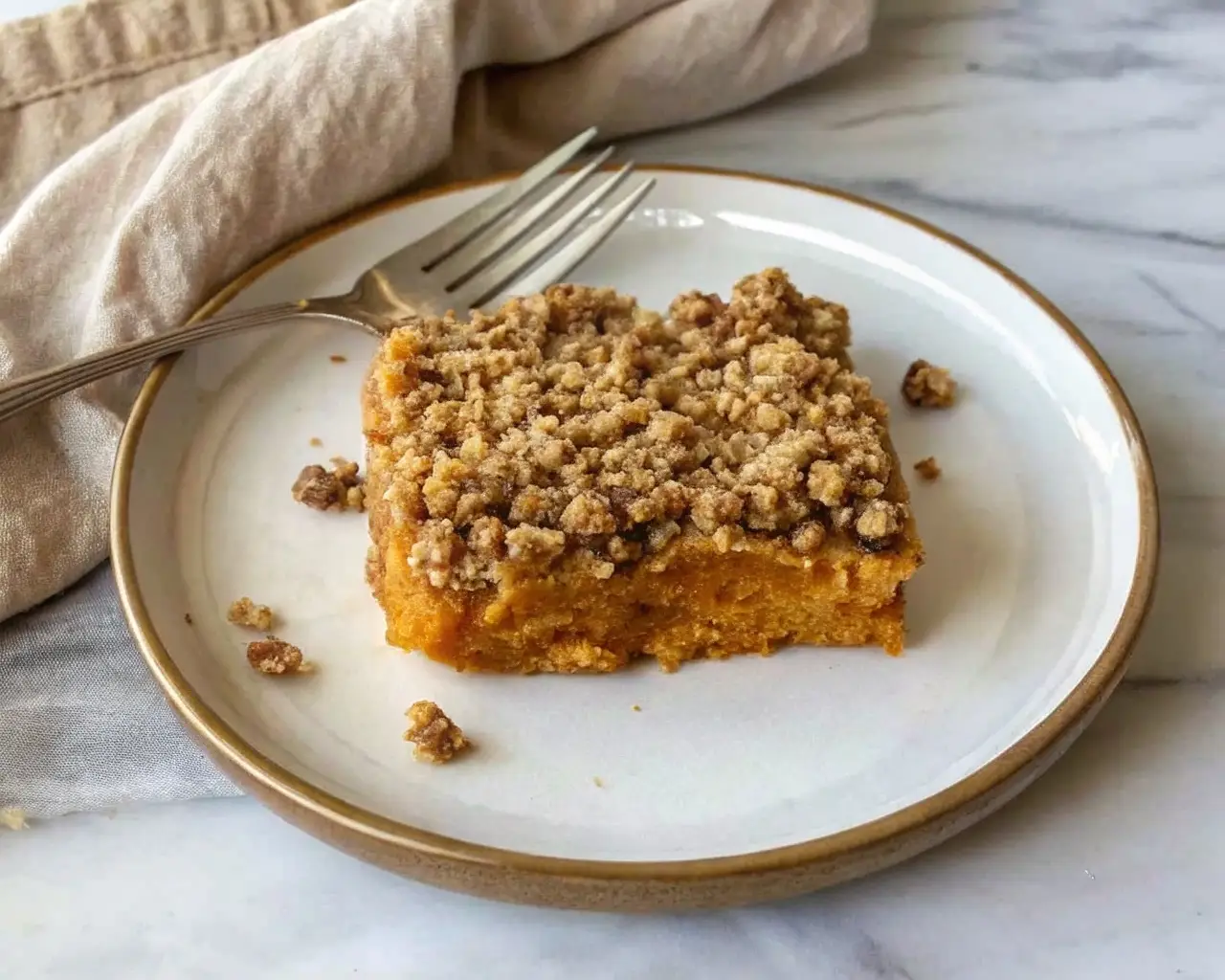 Sweet potato casserole with pecans topped with buttery brown sugar crumble on a white plate