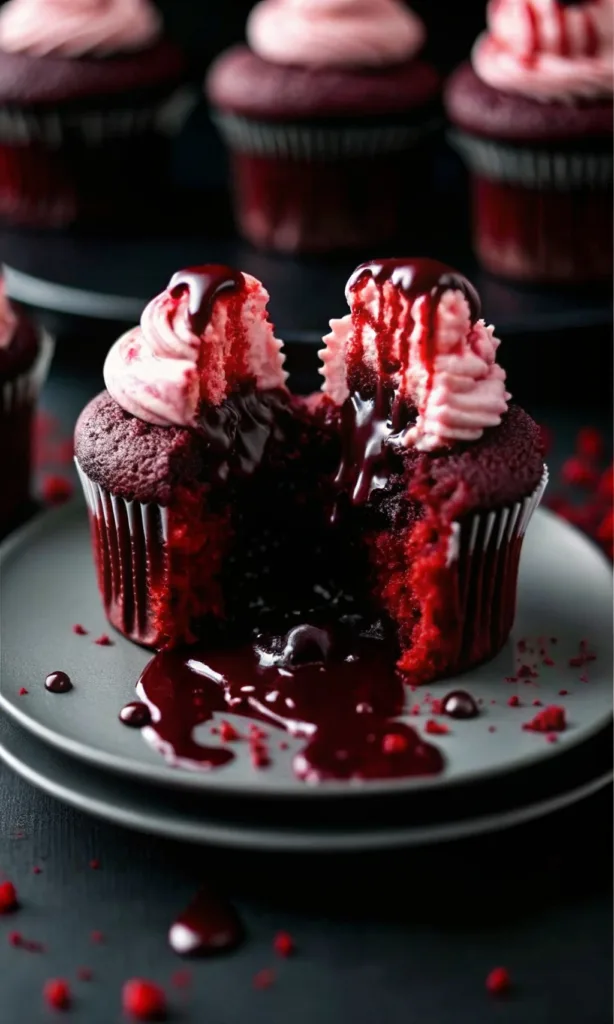 Halloween Vampire Bite Cupcakes: A Spooky & Delicious Halloween Treat Halloween Vampire Bite Cupcakes Split Vampire Bite Cupcake with overflowing red jam filling and pink buttercream