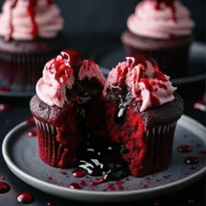 Close-up of a Vampire Bite Cupcake with red jam filling and pink frosting dripping with edible blood