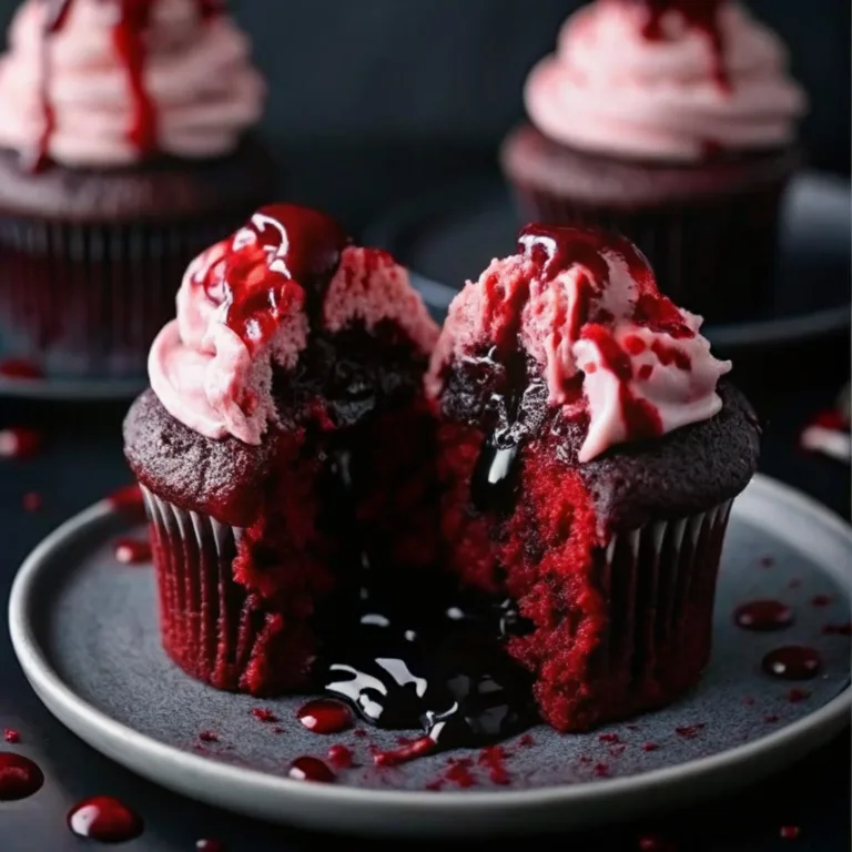Halloween Vampire Bite Cupcakes: A Spooky & Delicious Halloween Treat caramel apple dump cake Close-up of a Vampire Bite Cupcake with red jam filling and pink frosting dripping with edible blood