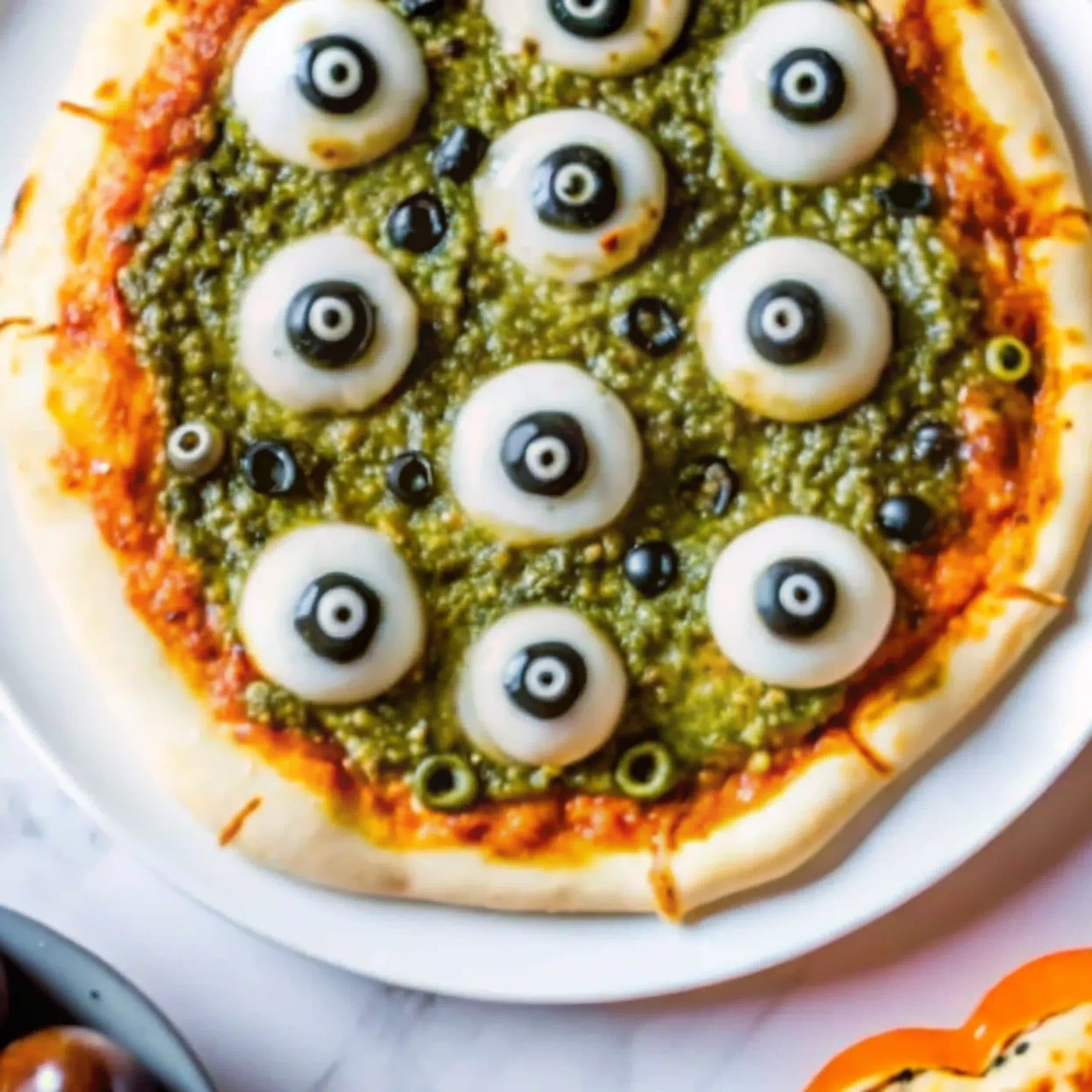 Witch’s Brew Pesto Pizza with eyeball mozzarella and olive toppings