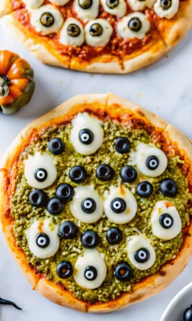 Witchs Brew Pesto Pizza Recipe – Spooky, Cheesy & Bold Flavor Witchs Brew Pesto Pizza Two Halloween-themed pesto pizzas with mozzarella and black olive eyeballs