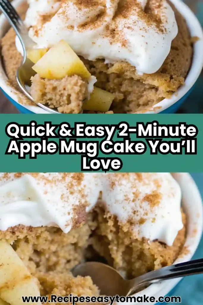 Apple Mug Dessert | 2-Minute Mug Cake Healthy 2-Minute Apple Mug Cake Close-up of fluffy apple mug cake with cinnamon, whipped cream, and fresh apple chunks.