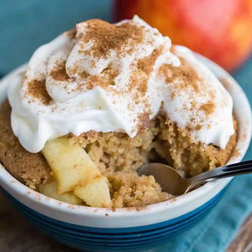 Apple Mug Dessert | 2-Minute Mug Cake Healthy 2-Minute Apple Mug Cake Warm apple mug dessert topped with whipped cream and cinnamon in a blue ramekin.