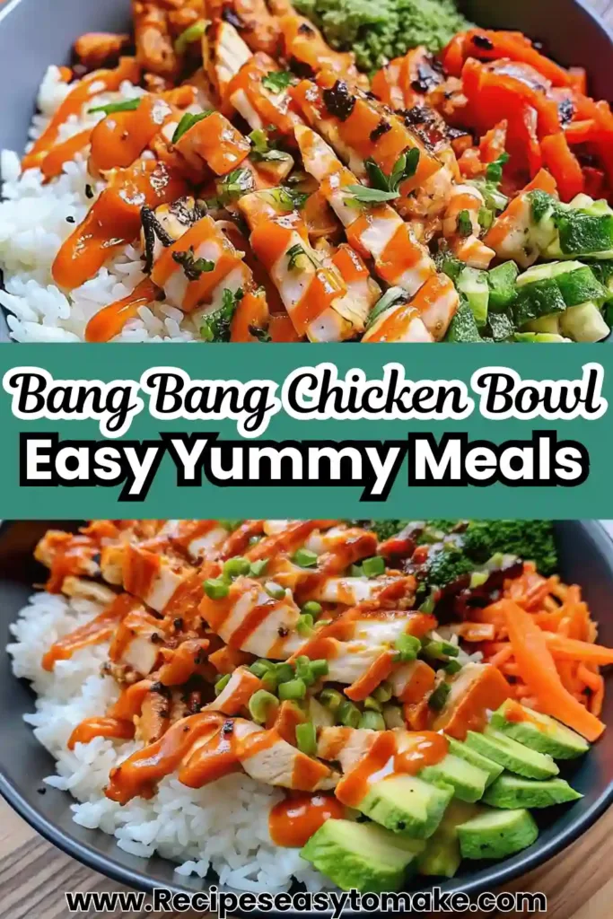 Bang Bang Chicken Bowl Recipe for Healthy Yummy Meals Bang Bang Chicken Bowl Bang Bang chicken bowl served with rice, avocado, grilled chicken, and spicy sauce
