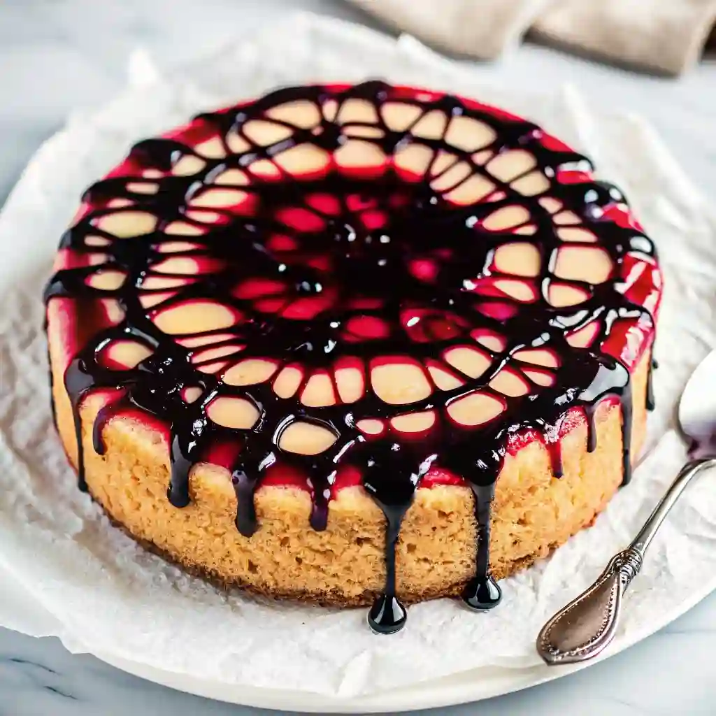 Bloody Berry Cheesecake Recipe | Spooky Purple Dessert for Halloween Bloody Berry Cheesecake Halloween cheesecake topped with dark berry sauce in a spiderweb design dripping over the edges