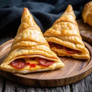 Witch hat crescent rolls baked golden brown, filled with pepperoni and cheese, styled as spooky Halloween party snacks.
