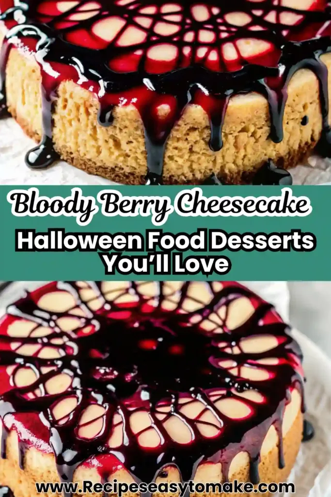 Bloody Berry Cheesecake Recipe | Spooky Purple Dessert for Halloween Bloody Berry Cheesecake Spooky cheesecake with red and black berry glaze dripping like blood for Halloween parties