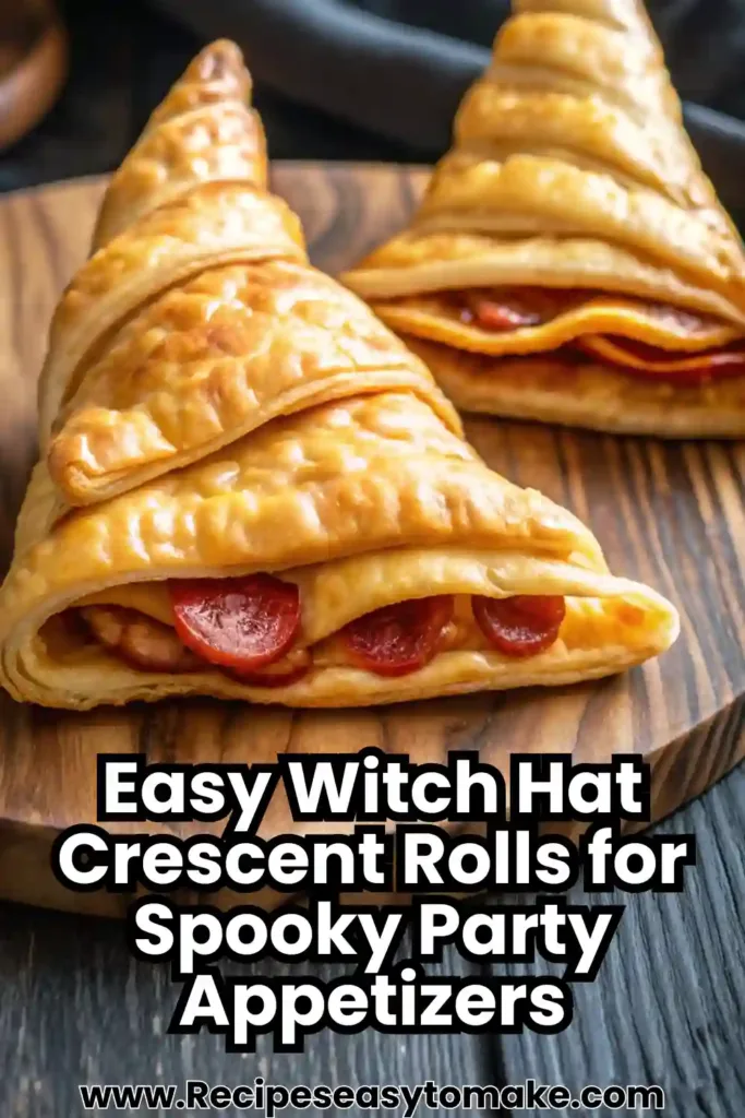 Witch Hat Crescent Rolls Halloween Themed Food Appetizer Witch Hat Crescent Rolls Halloween crescent rolls shaped like witch hats with layers of golden pastry and melted cheese inside