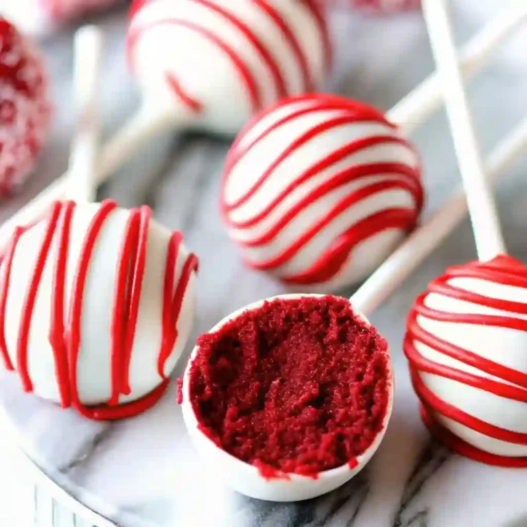 Bloody Red Velvet Cake Pops for Spooky Halloween Treats Fall Bruschetta Close-up of Bloody Red Velvet Cake Pops with white chocolate coating and red drizzle.