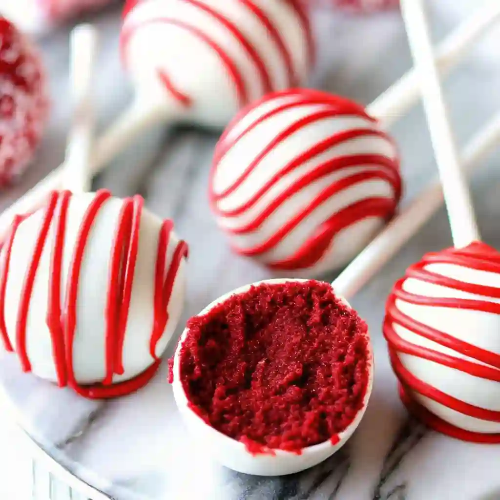 Bloody Red Velvet Cake Pops for Spooky Halloween Treats bloody red velvet cake pops Close-up of Bloody Red Velvet Cake Pops with white chocolate coating and red drizzle.