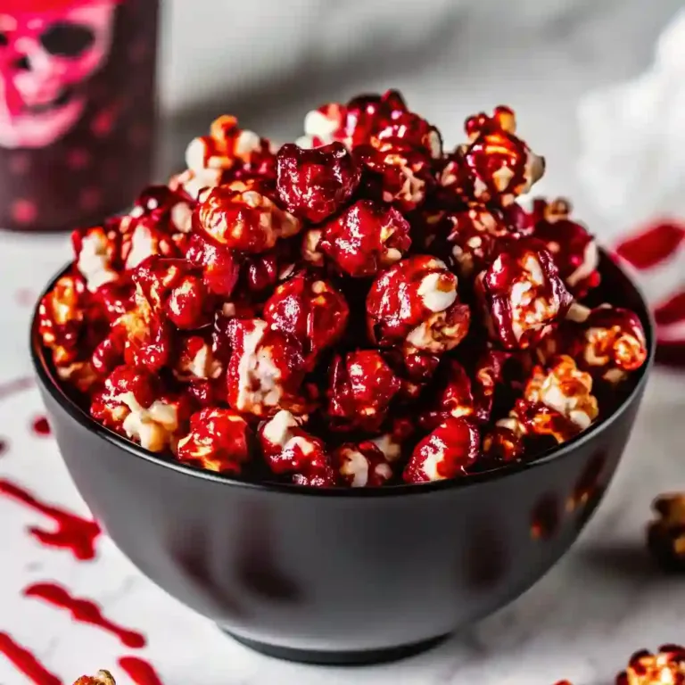 Creepy Bloody Red Velvet Popcorn in a black bowl, perfect spooky Halloween snack.