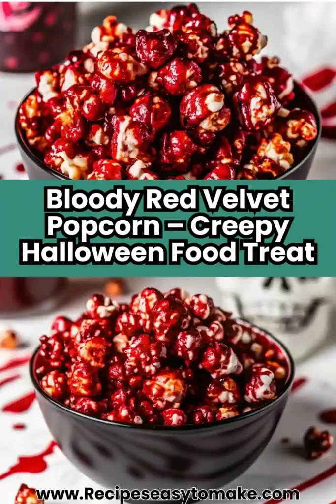 Bloody Red Velvet Popcorn Recipe for Spooky Halloween Snacks Bloody Red Velvet Popcorn Bloody Red Velvet Popcorn pin image showcasing creepy Halloween popcorn flavors.