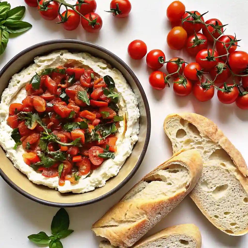 Bruschetta Dip Recipe Superbowl Dip And Italian Appetizer Bruschetta Dip Overhead view of Bruschetta Dip with tomatoes, basil, and bread slices on the side.