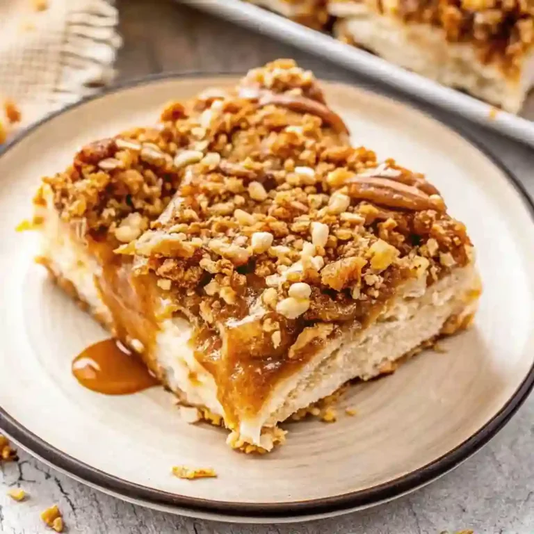 Caramel Apple Cheesecake Bars Easy + 7 Pro Tips You Need homemade cinnamon swirl banana bread A slice of caramel apple cheesecake bar topped with crunchy oat streusel, caramel drizzle, and chopped nuts, served on a beige plate.