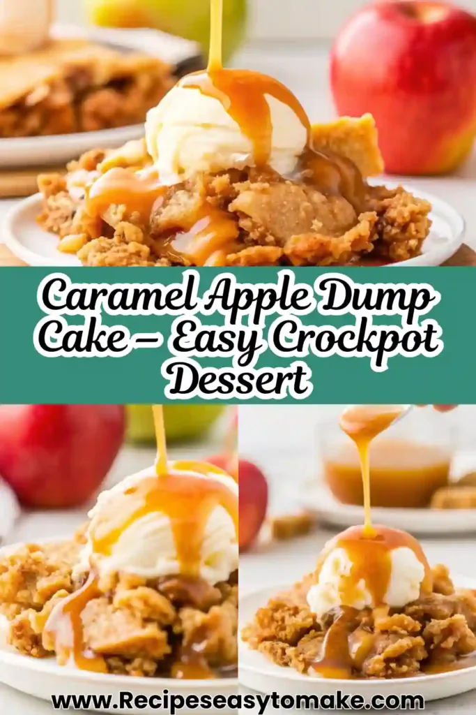 Caramel Apple Dump Cake | Easy 4 Ingredient Dessert caramel apple dump cake Caramel Apple Dump Cake pin image showing easy crockpot dessert with caramel drizzle.