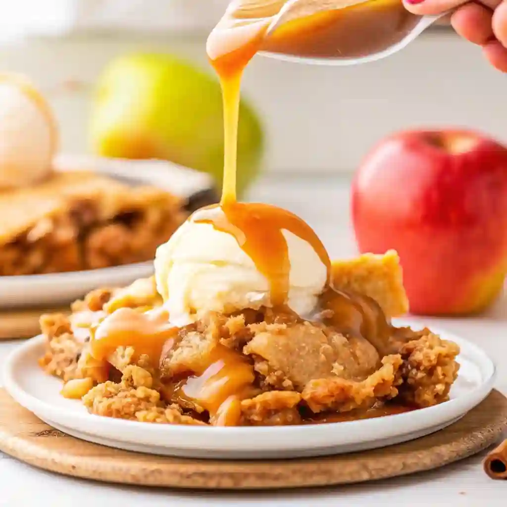 Caramel Apple Dump Cake | Easy 4 Ingredient Dessert caramel apple dump cake Delicious Caramel Apple Dump Cake served with vanilla ice cream and drizzled caramel sauce.