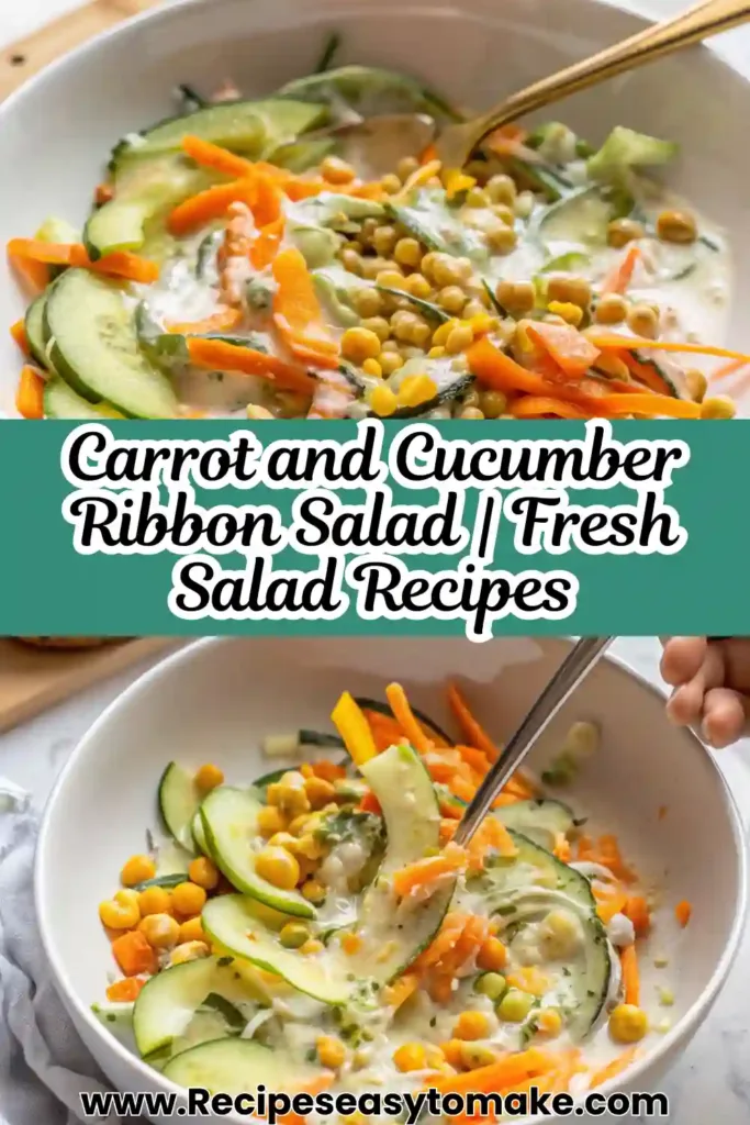 Fresh Carrot and Cucumber Ribbon Salad served in a white bowl with chickpeas and creamy dressing.