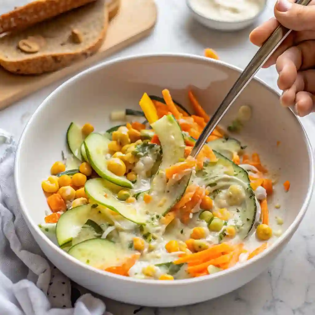 Colorful Carrot and Cucumber Ribbon Salad mixed with peas, yogurt, and shredded carrots.