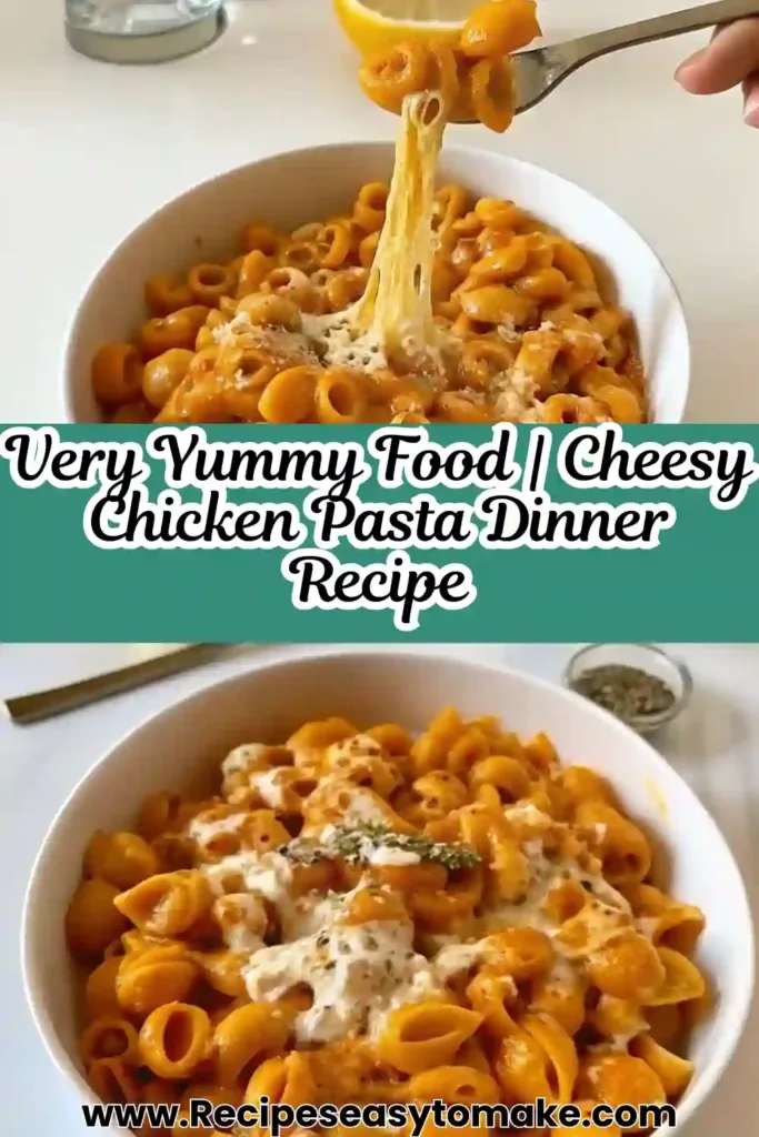 Cheesy Chicken Pasta Dinner Recipe for a Perfect Meal 2025 cheesy chicken pasta A creamy bowl of cheesy chicken pasta topped with melted cheese and herbs, served with a slice of lemon on the side.