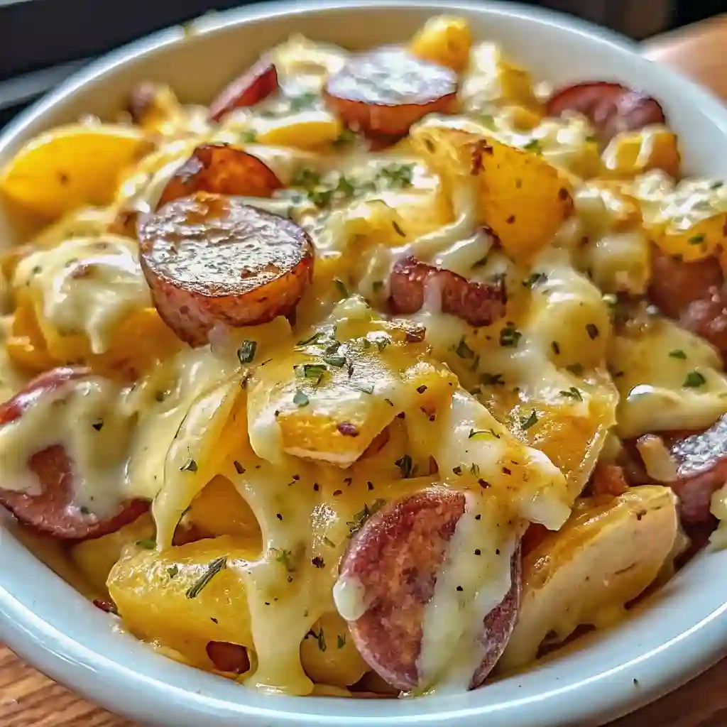 Cheesy Ranch Potatoes and Smoked Sausage Easy Casserole Cheesy Ranch Potatoes and Smoked Sausage Cheesy ranch potatoes baked with smoked sausage slices and topped with melted cheese in a white bowl