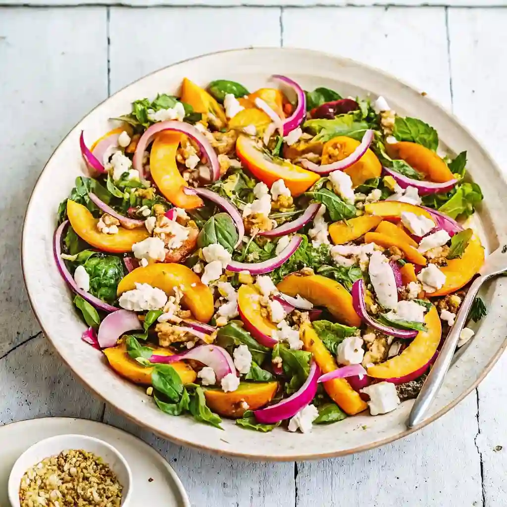 Colorful summer salad made with juicy peaches, chickpeas, red onions, and greens topped with feta and nuts