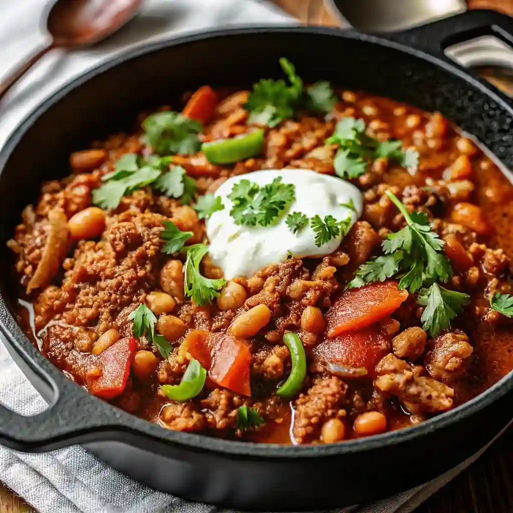 Ground Beef Stovetop Chili Recipe Flavorful and Quick Ground Beef Stovetop Chili Close-up of homemade ground beef chili in a cast iron pot, garnished with fresh herbs for a cozy weeknight dinner.