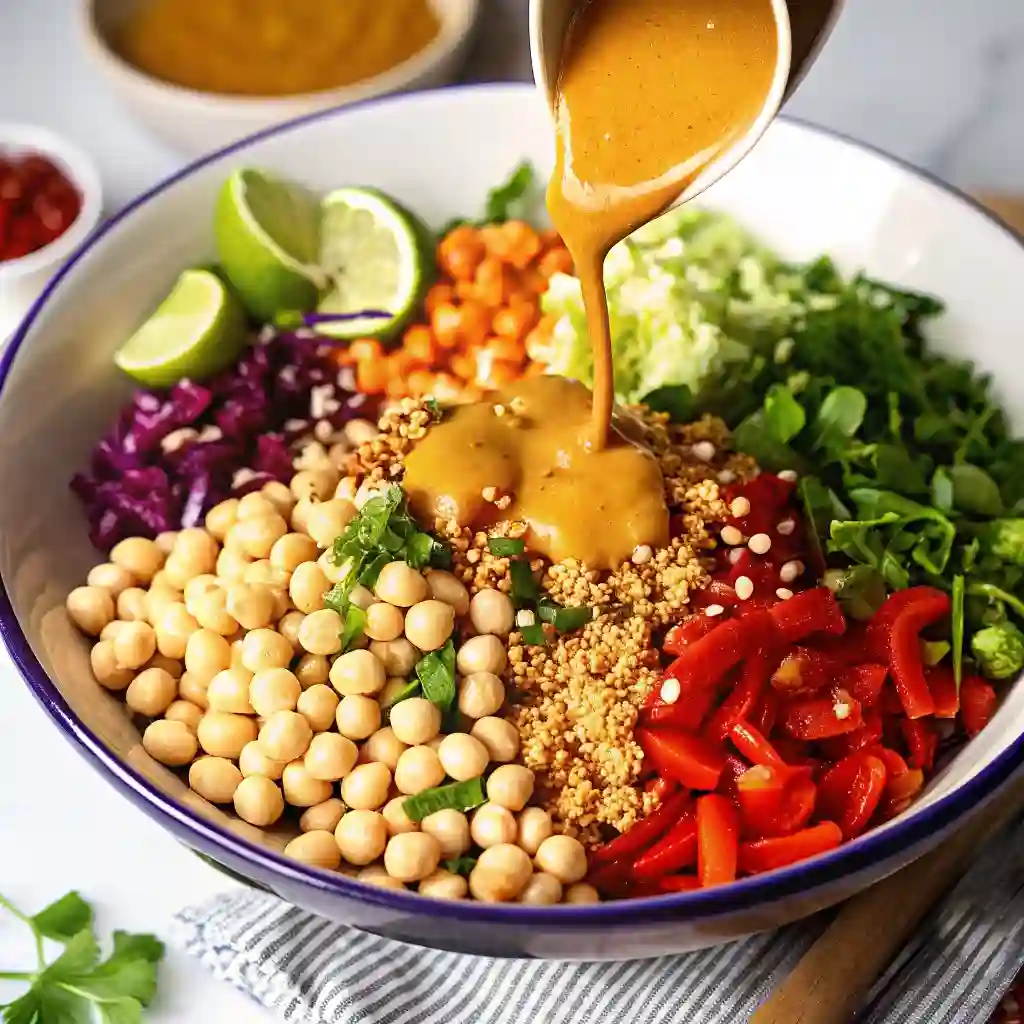 Chopped Thai-Inspired Chickpea Salad with Curry Peanut Dressing Chopped Thai-Inspired Chickpea Salad Healthy Thai Chickpea Salad recipe topped with peanut dressing and packed with vibrant vegetables.