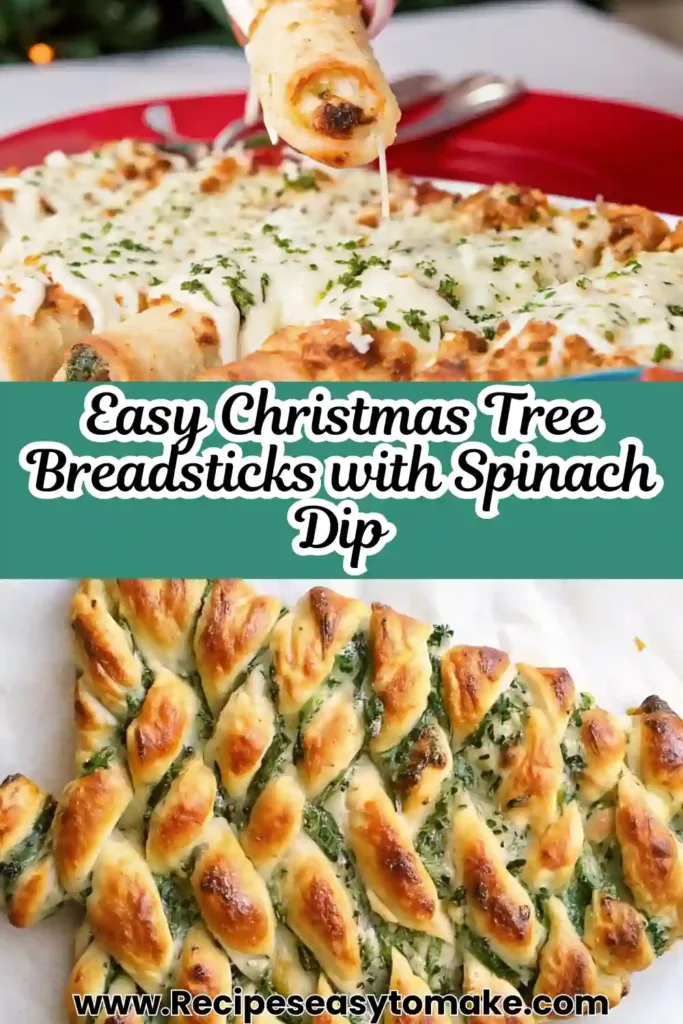 Christmas Tree Breadsticks with Spinach Dip for Christmas Party Food Christmas tree breadsticks with spinach dip Freshly baked Christmas Tree Breadsticks with Spinach Dip, golden and festive on parchment paper.