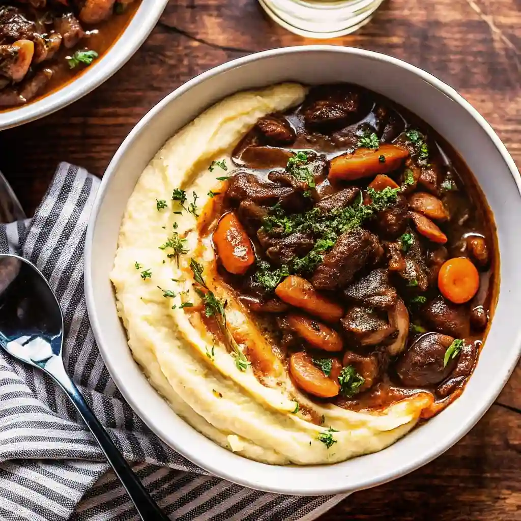 Beef Bourguignon Crockpot Easy Dinner Recipe Classic Beef Bourguignon Classic Beef Bourguignon served with carrots, mushrooms, and mashed potatoes in a bowl.