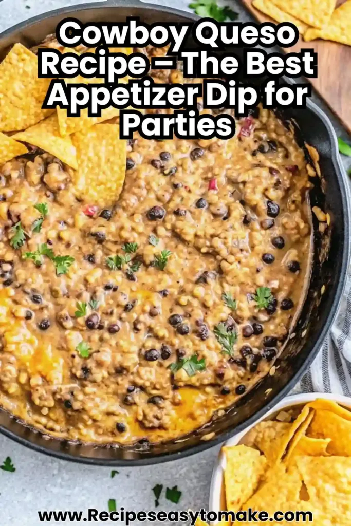 Loaded Cowboy Queso Dip | Best Cheesy Recipe Top 5 Cowboy Queso Recipe Skillet of cheesy Cowboy Queso Recipe with ground beef, beans, and tortilla chips.