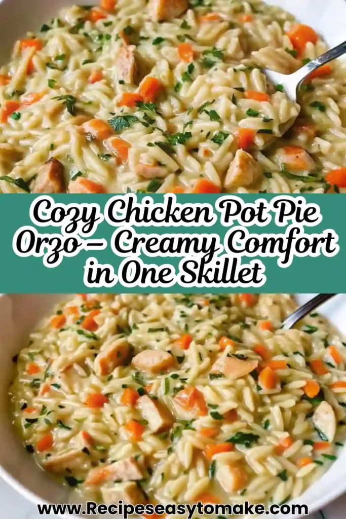 Cozy Chicken Pot Pie Orzo | Crockpot Comfort Made Easy Cozy Chicken Pot Pie Orzo Chicken Pot Pie Orzo pin image showing creamy orzo pasta with chicken and carrots.