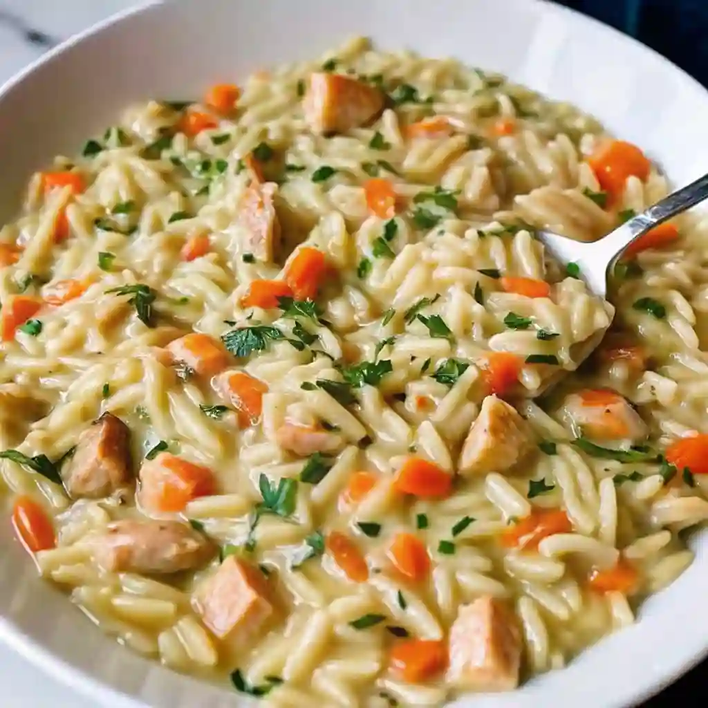 Cozy Chicken Pot Pie Orzo | Crockpot Comfort Made Easy Cozy Chicken Pot Pie Orzo Cozy Chicken Pot Pie Orzo with creamy pasta, carrots, and chicken pieces in a skillet.