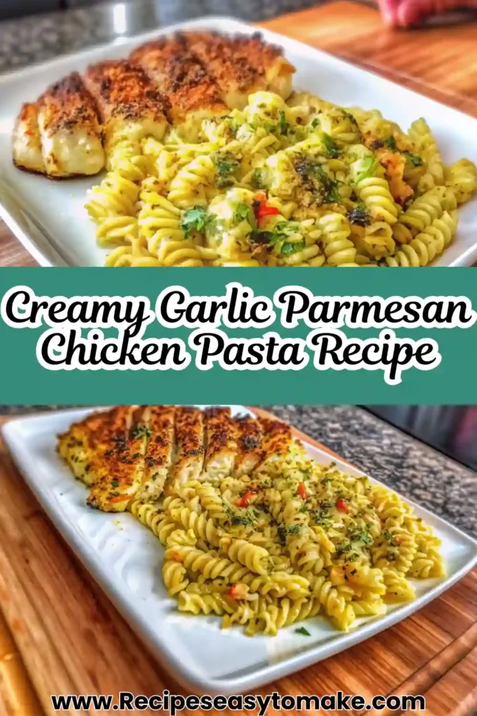 Creamy Garlic Parmesan Chicken Pasta Easy Family Dinner Recipe Creamy Garlic Parmesan Chicken Pasta Delicious Creamy Garlic Parmesan Chicken Pasta topped with herbs and parmesan