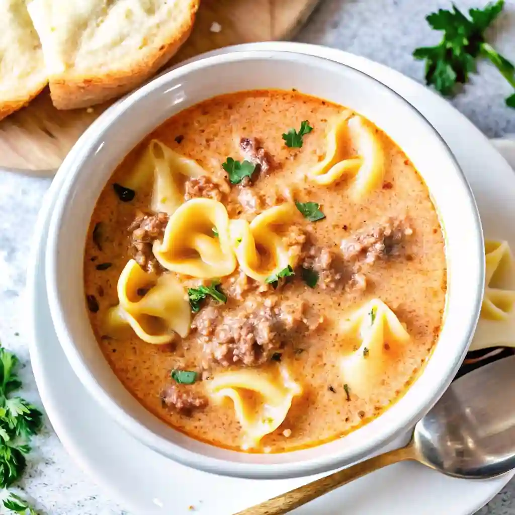 Creamy Tortellini Soup Creamy Tortellini Soup Creamy tortellini soup with ground sausage, rich tomato broth, and parsley garnish served in a white bowl with bread on the side."