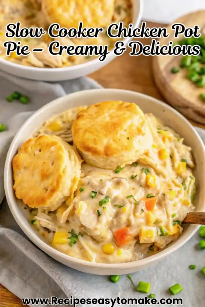 Crock Pot Chicken Pot Pie Best Comfort Food Recipe Crock Pot Chicken Pot Pie Crock Pot Chicken Pot Pie pin image showing creamy filling and biscuits.