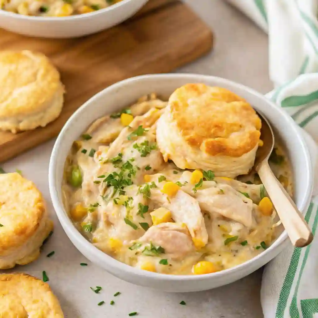 Crock Pot Chicken Pot Pie Best Comfort Food Recipe Crock Pot Chicken Pot Pie Crock Pot Chicken Pot Pie topped with golden biscuits, chicken, and creamy vegetables.
