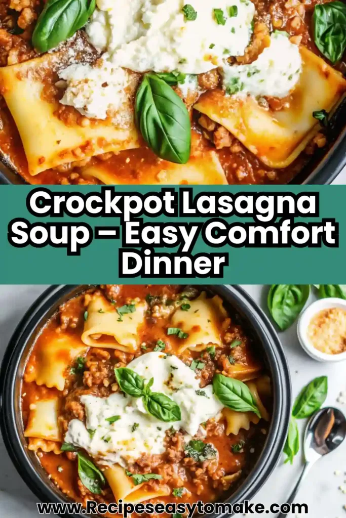 Crockpot Lasagna Soup | Easy Weeknight Comfort Crockpot Lasagna Soup Crockpot Lasagna Soup pin showing cheesy lasagna soup with pasta sheets and ricotta.