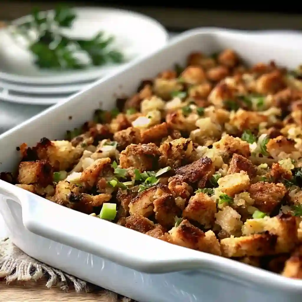 Turkey Stuffing From Scratch Delicious Grandma’s Thanksgiving Recipe Delicious Grandma’s Thanksgiving Stuffing Recipe Homemade Delicious Grandma’s Thanksgiving Stuffing Recipe with crispy bread cubes and green garnish