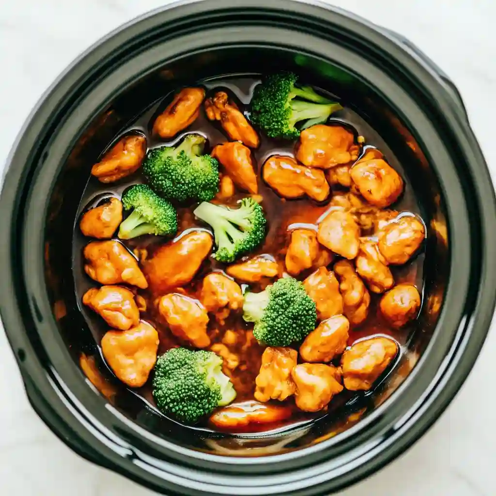 Dump And Go Teriyaki Chicken Quick Easy Crockpot Dump and Go Crockpot Teriyaki Chicken Dump and Go Crockpot Teriyaki Chicken with broccoli and sesame seeds in a slow cooker.
