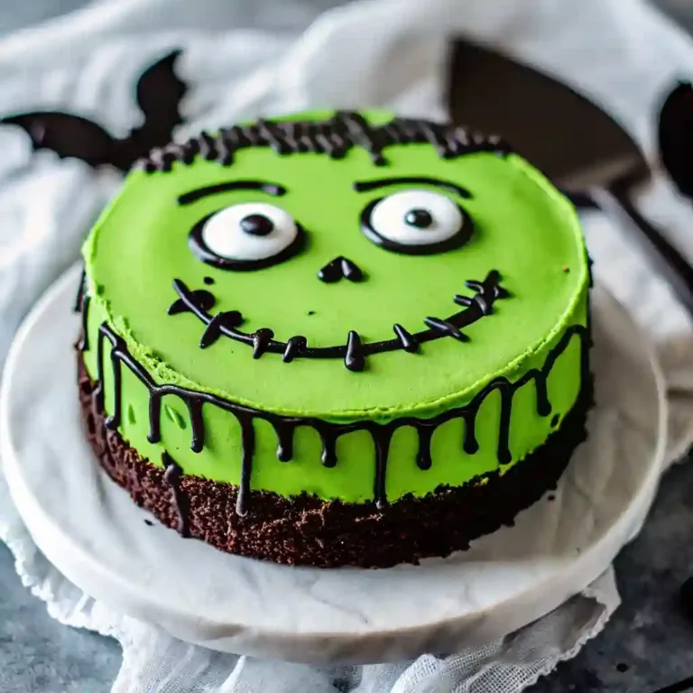 Close-up of Frankenstein Cheesecake decorated with a monster face, a fun and creative Halloween party treat.