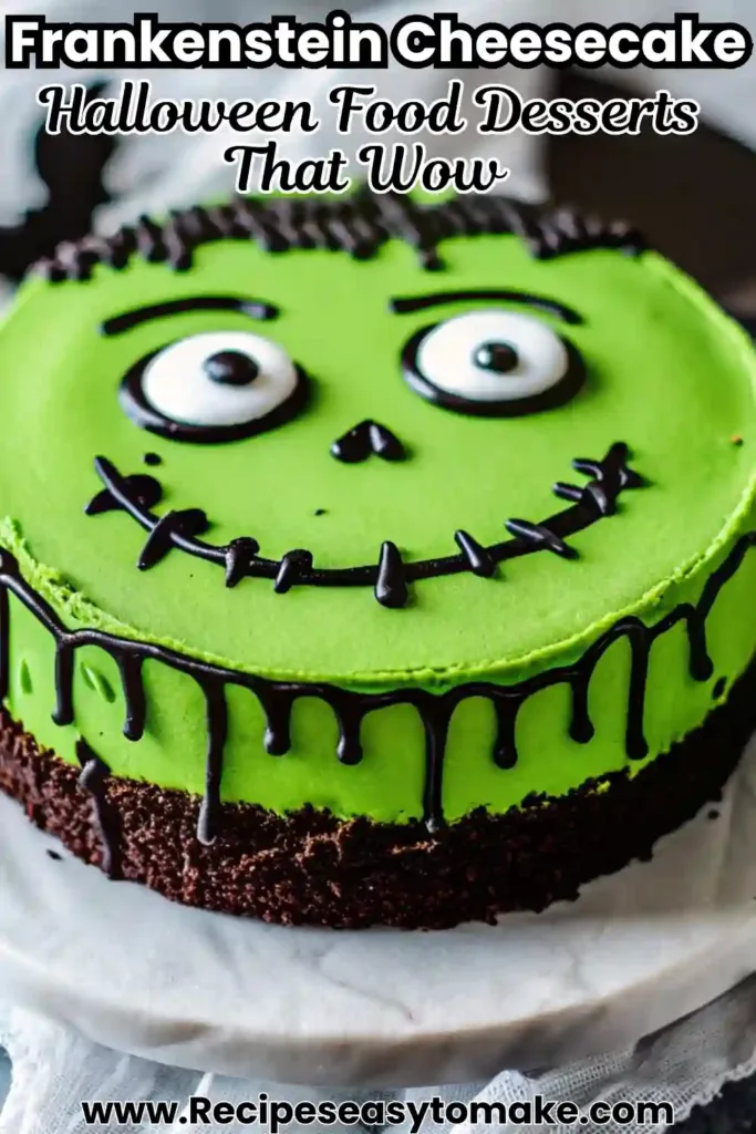 Frankenstein Cheesecake Halloween Cheesecake with Spooky Fun Frankenstein Cheesecake Close-up of Frankenstein Cheesecake decorated with a monster face, a fun and creative Halloween party treat.